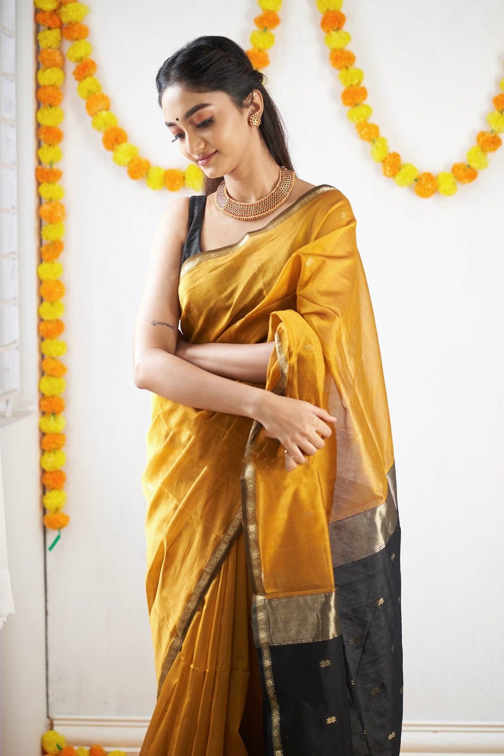 Magnificat  Mustard Cotton Silk Saree With Imbrication Blouse Piece Shriji