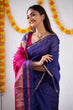Load image into Gallery viewer, Woebegone Navy Blue Cotton Silk Saree With Mesmerising Blouse Piece Shriji