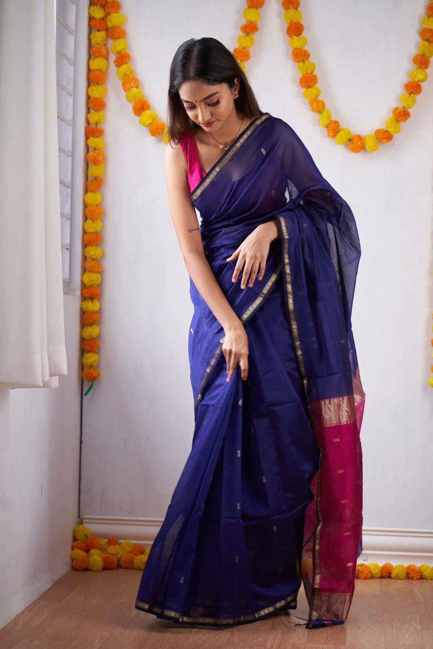 Woebegone Navy Blue Cotton Silk Saree With Mesmerising Blouse Piece Shriji