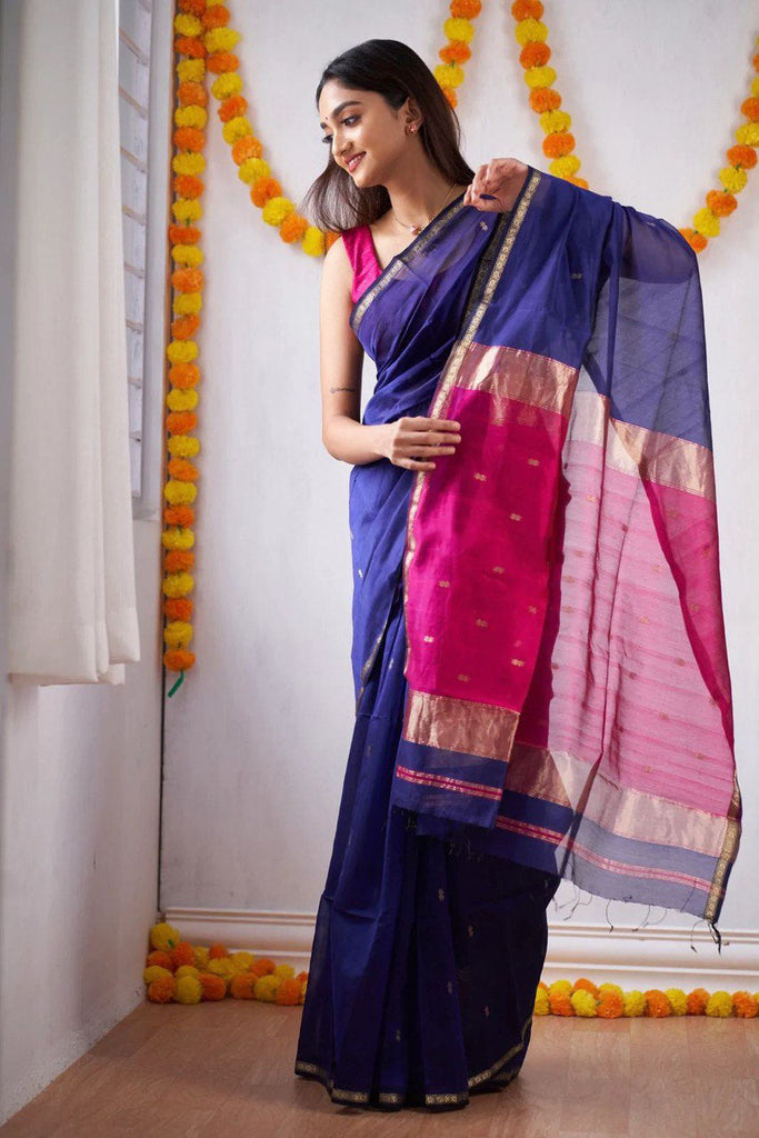 Woebegone Navy Blue Cotton Silk Saree With Mesmerising Blouse Piece Shriji