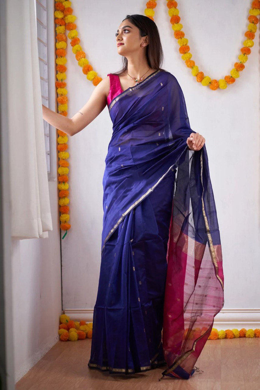 Woebegone Navy Blue Cotton Silk Saree With Mesmerising Blouse Piece Shriji