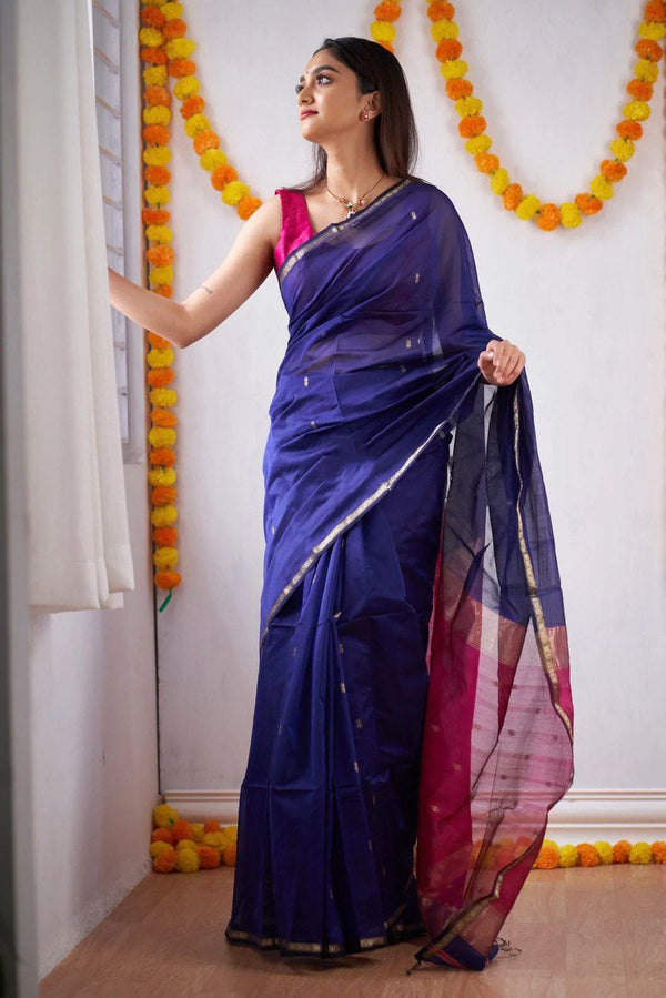 Woebegone Navy Blue Cotton Silk Saree With Mesmerising Blouse Piece Shriji