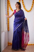 Load image into Gallery viewer, Woebegone Navy Blue Cotton Silk Saree With Mesmerising Blouse Piece Shriji