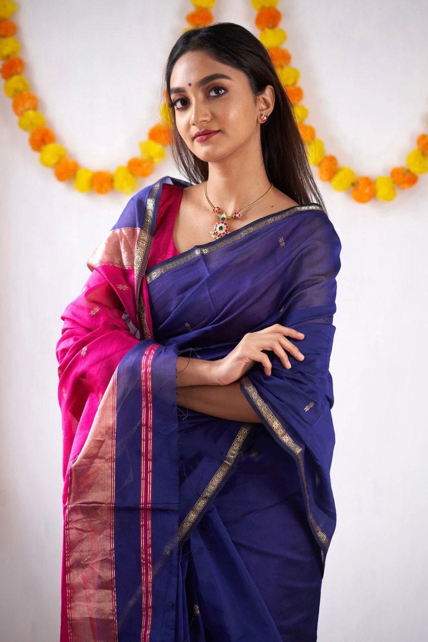 Woebegone Navy Blue Cotton Silk Saree With Mesmerising Blouse Piece Shriji