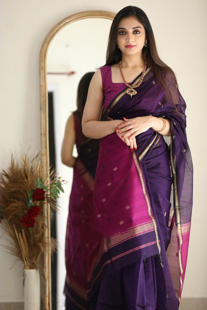 Luxuriant Purple Cotton Silk Saree With Elision Blouse Piece Shriji