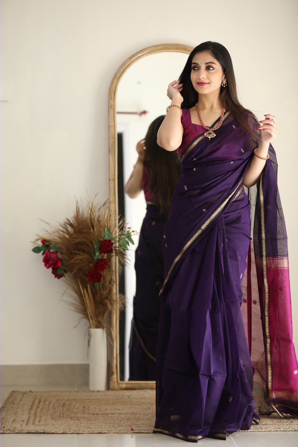 Luxuriant Purple Cotton Silk Saree With Elision Blouse Piece Shriji Main image