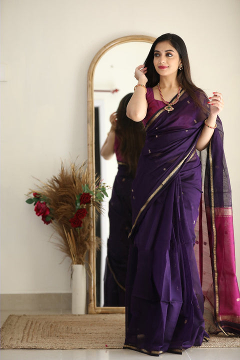 Luxuriant Purple Cotton Silk Saree With Elision Blouse Piece Shriji Main image