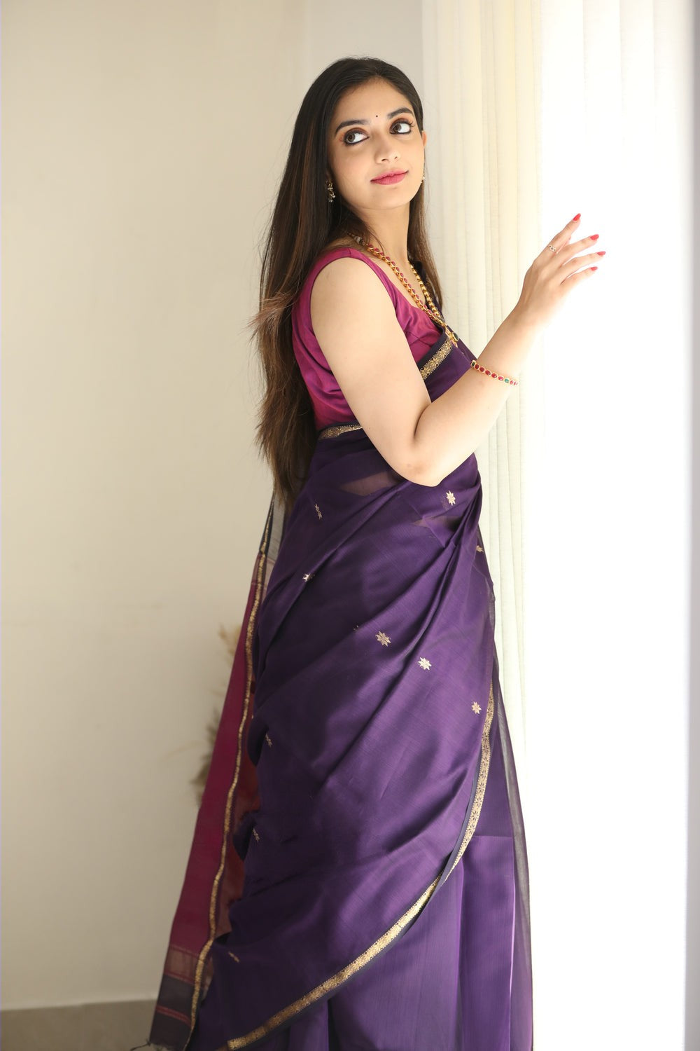 Luxuriant Purple Cotton Silk Saree With Elision Blouse Piece Shriji