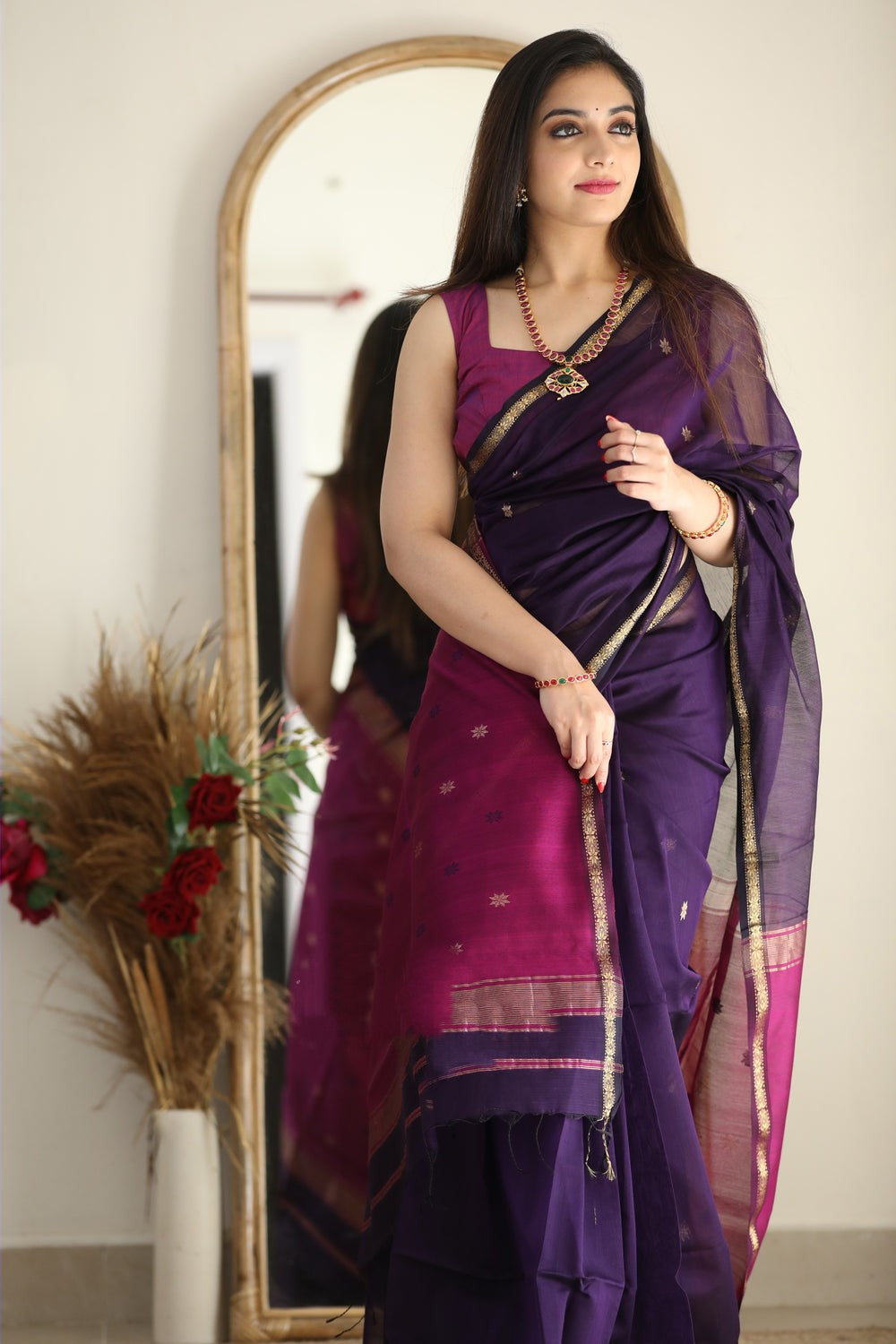 Luxuriant Purple Cotton Silk Saree With Elision Blouse Piece Shriji