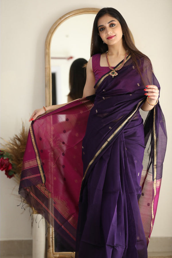 Luxuriant Purple Cotton Silk Saree With Elision Blouse Piece Shriji