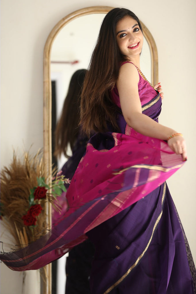 Luxuriant Purple Cotton Silk Saree With Elision Blouse Piece Shriji