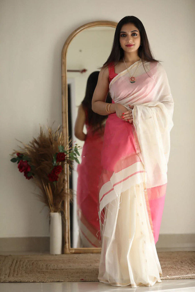 Quintessential White Cotton Silk Saree With Deserving Blouse Piece Shriji