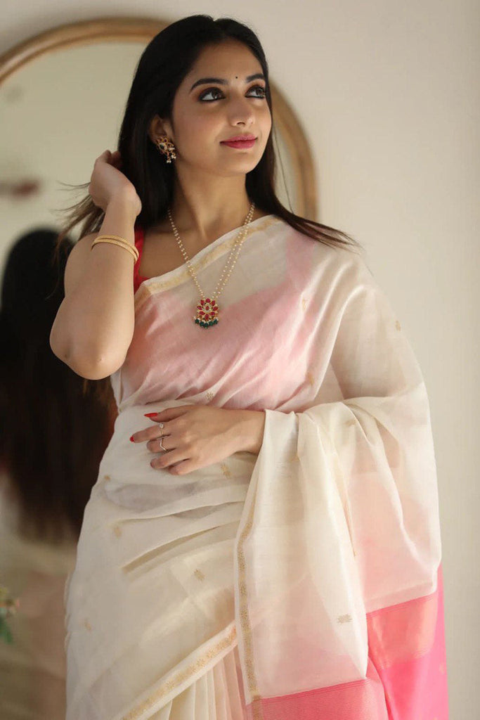 Quintessential White Cotton Silk Saree With Deserving Blouse Piece Shriji