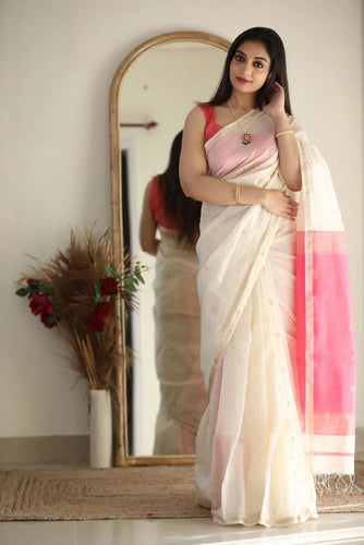 Quintessential White Cotton Silk Saree With Deserving Blouse Piece Shriji