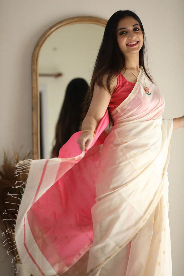 Quintessential White Cotton Silk Saree With Deserving Blouse Piece Shriji