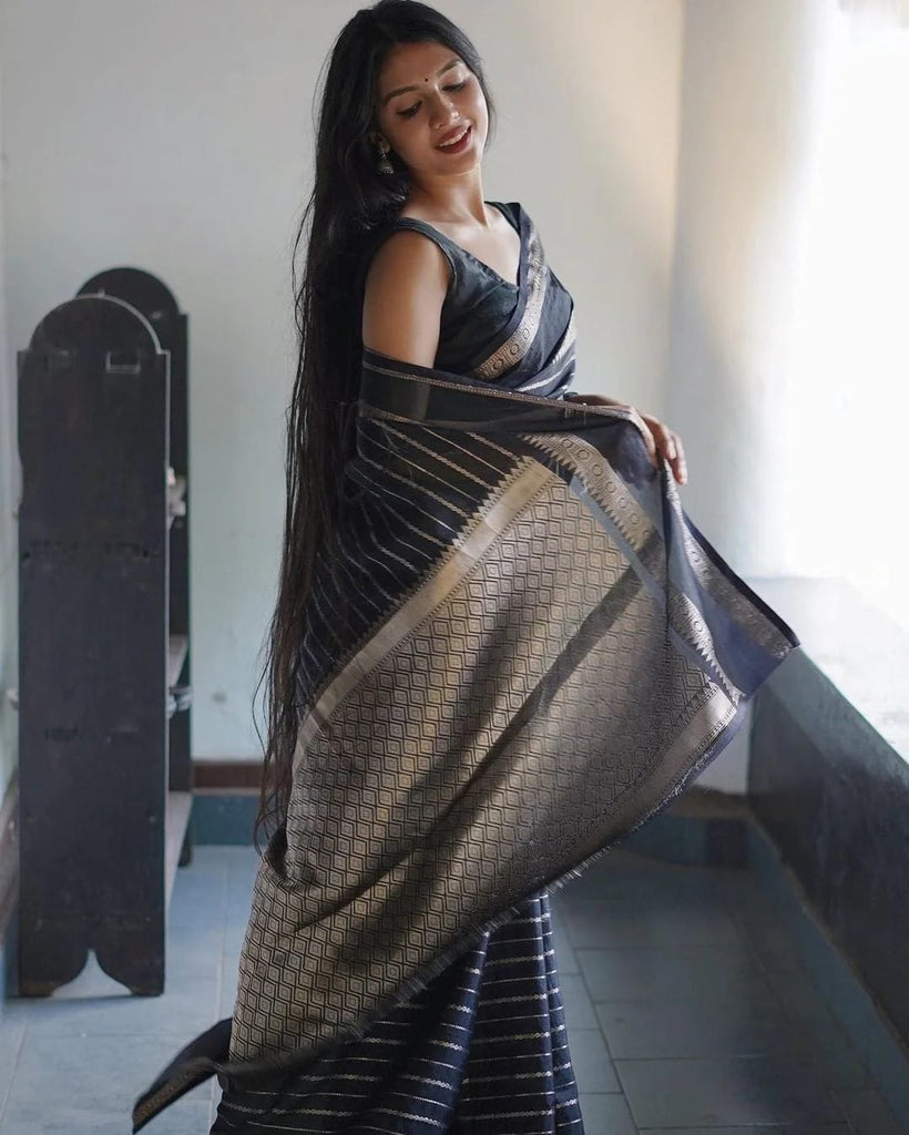 Glittering Black Soft Banarasi Silk Saree With Flattering Blouse Piece Shriji