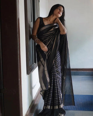 Glittering Black Soft Banarasi Silk Saree With Flattering Blouse Piece Shriji