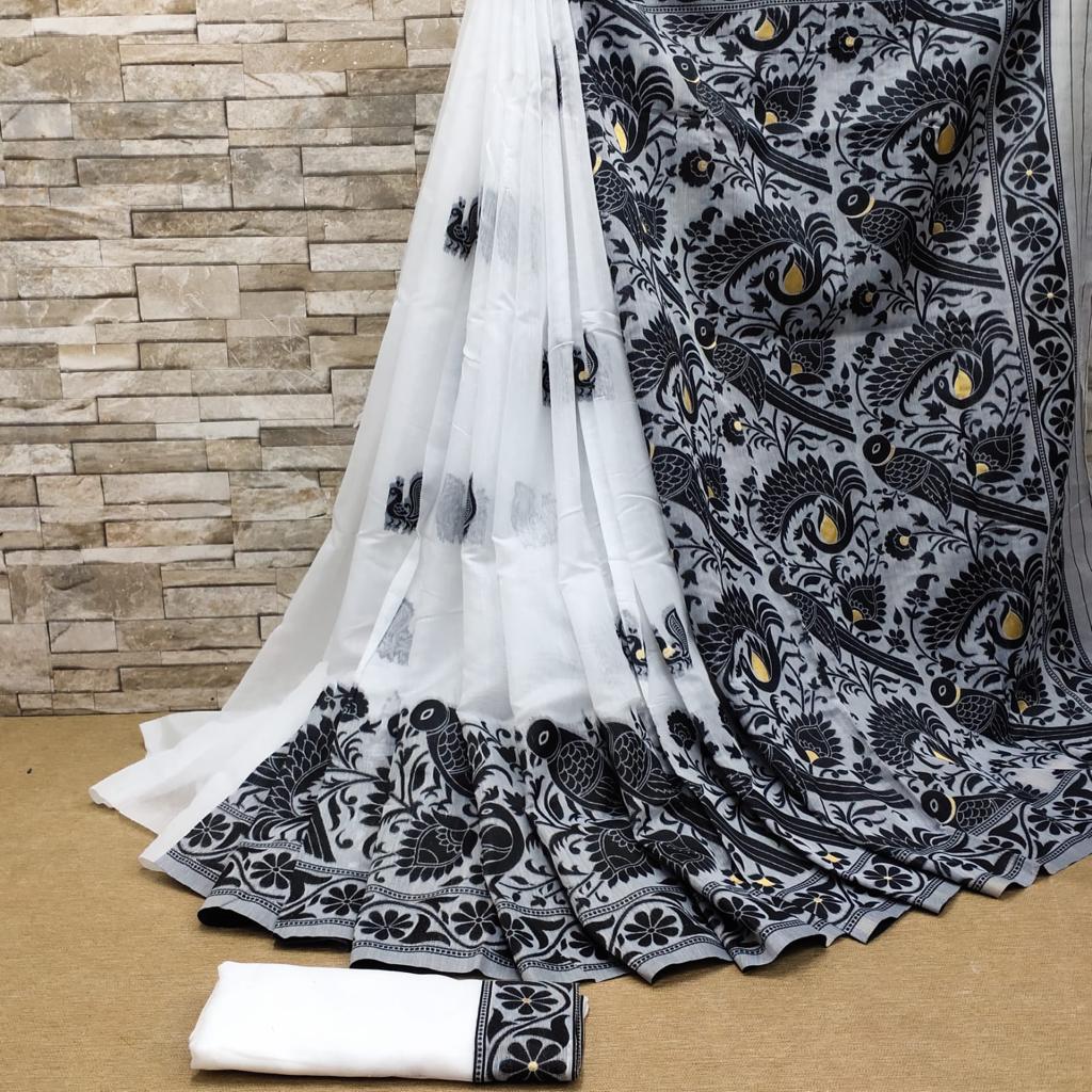 Surreptitious White Cotton Silk Saree With Vestigial Blouse Piece Shriji