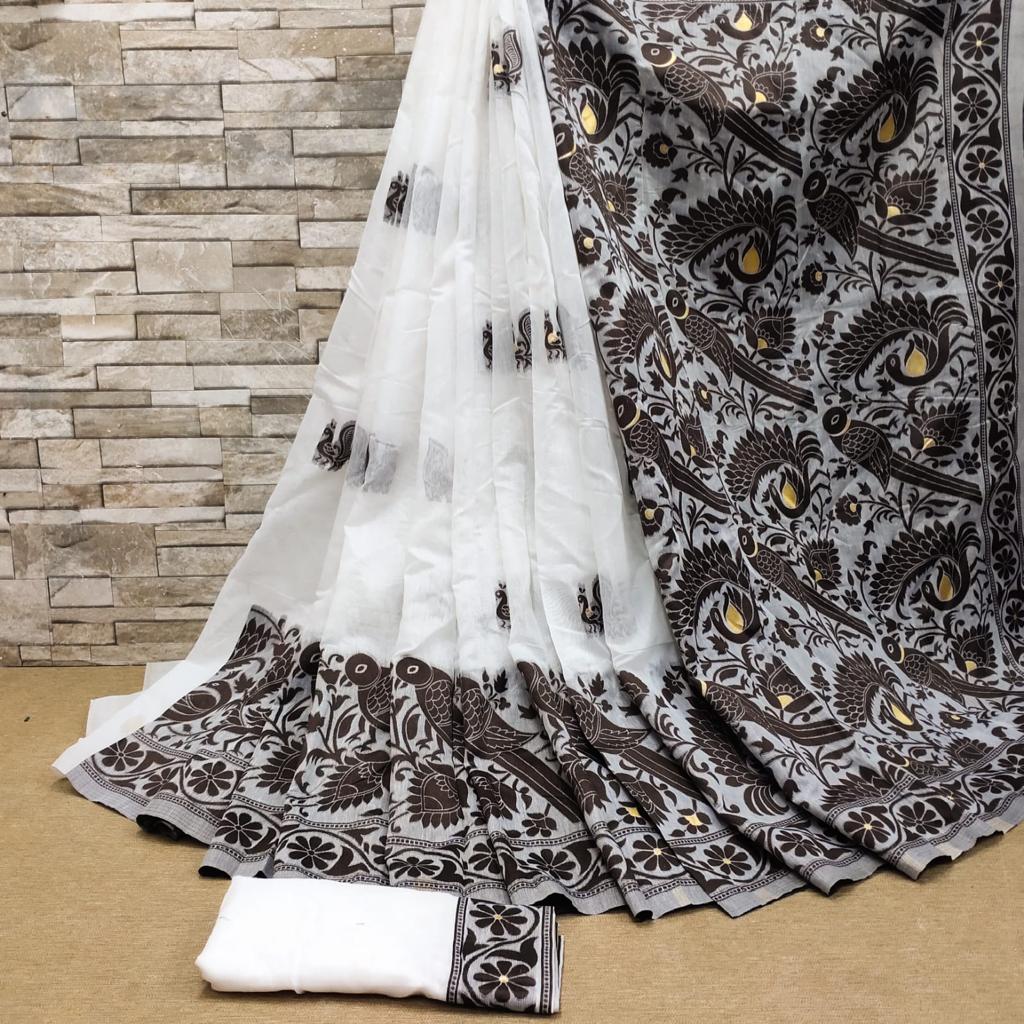 Devastating White Cotton Silk Saree With Symmetrical Blouse Piece Shriji Main image