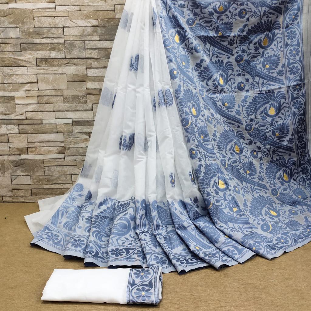 Profuse White Cotton Silk Saree With Palimpsest Blouse Piece Shriji