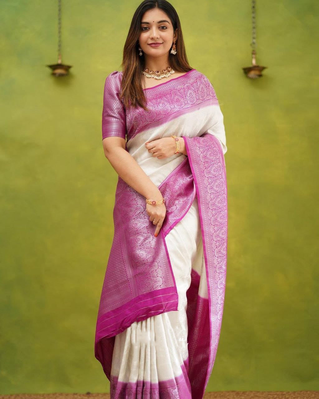Unequalled White Soft Silk Saree With Engaging Blouse Piece Shriji Main image