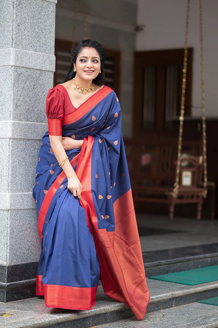 Intricate Blue Soft Silk Saree With Most Stunning Blouse Piece Shriji