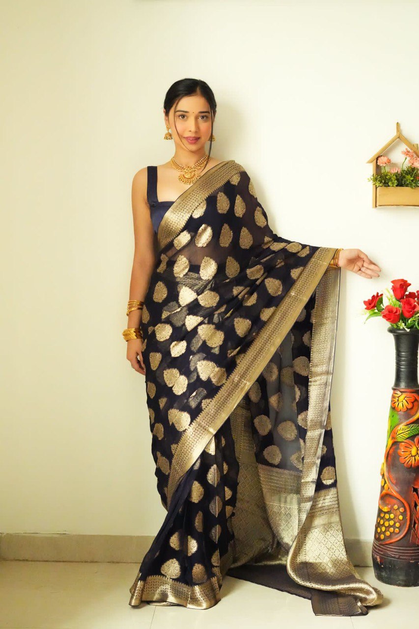 Gossamer 1-Minute Ready To Wear Black Soft Silk Saree RTW