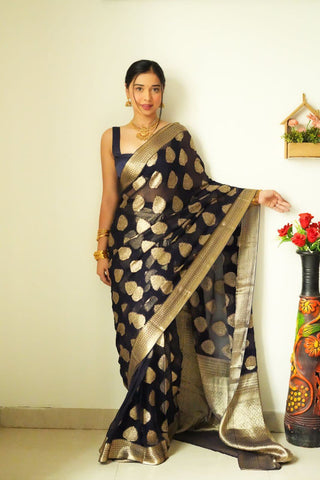 Gossamer 1-Minute Ready To Wear Black Soft Silk Saree RTW