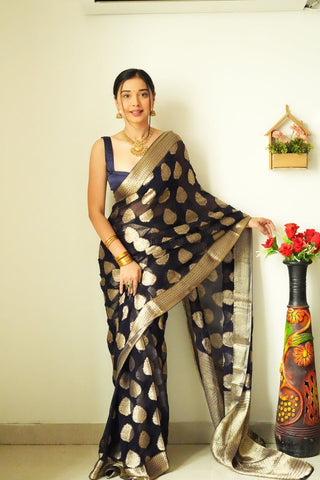Gossamer 1-Minute Ready To Wear Black Soft Silk Saree RTW