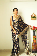 Load image into Gallery viewer, Gossamer 1-Minute Ready To Wear Black Soft Silk Saree RTW