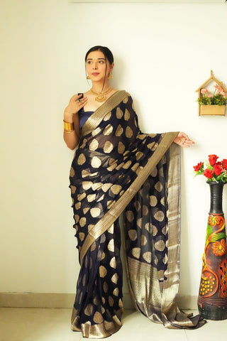 Gossamer 1-Minute Ready To Wear Black Soft Silk Saree RTW