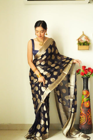 Gossamer 1-Minute Ready To Wear Black Soft Silk Saree RTW