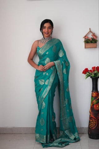 Mellifluous 1-Minute Ready To Wear Sea Green Soft Silk Saree RTW