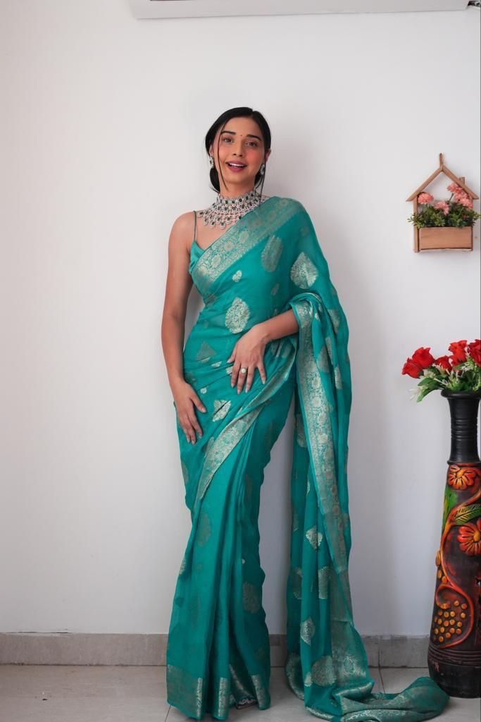 Mellifluous 1-Minute Ready To Wear Sea Green Soft Silk Saree RTW