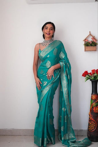 Mellifluous 1-Minute Ready To Wear Sea Green Soft Silk Saree RTW
