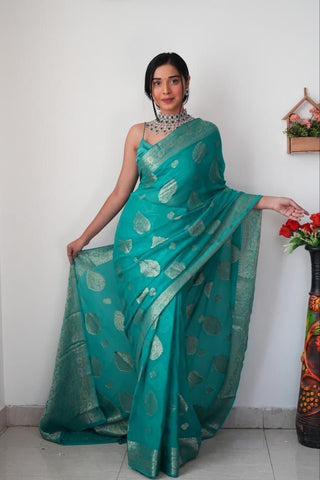 Mellifluous 1-Minute Ready To Wear Sea Green Soft Silk Saree RTW