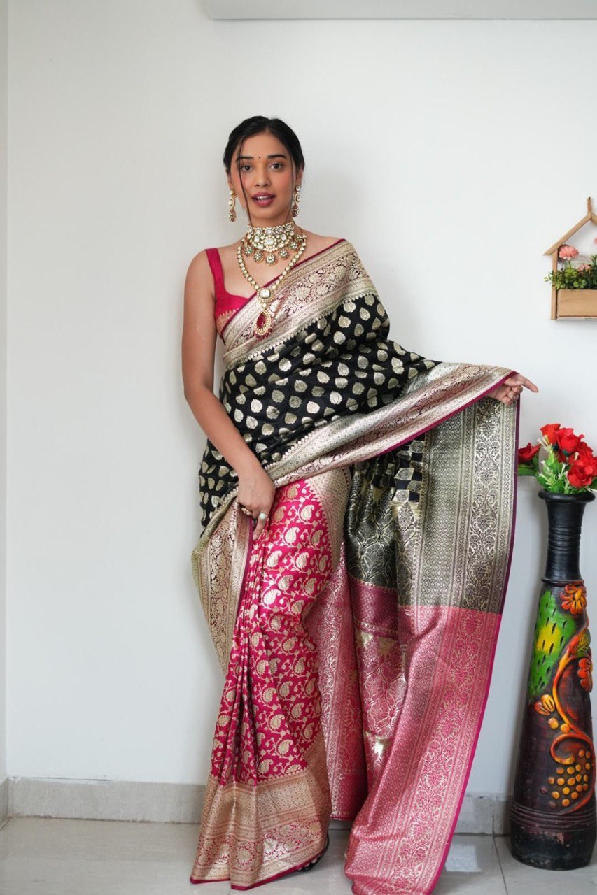 Vestigial 1-Minute Ready To Wear Black Soft Silk Saree RTW