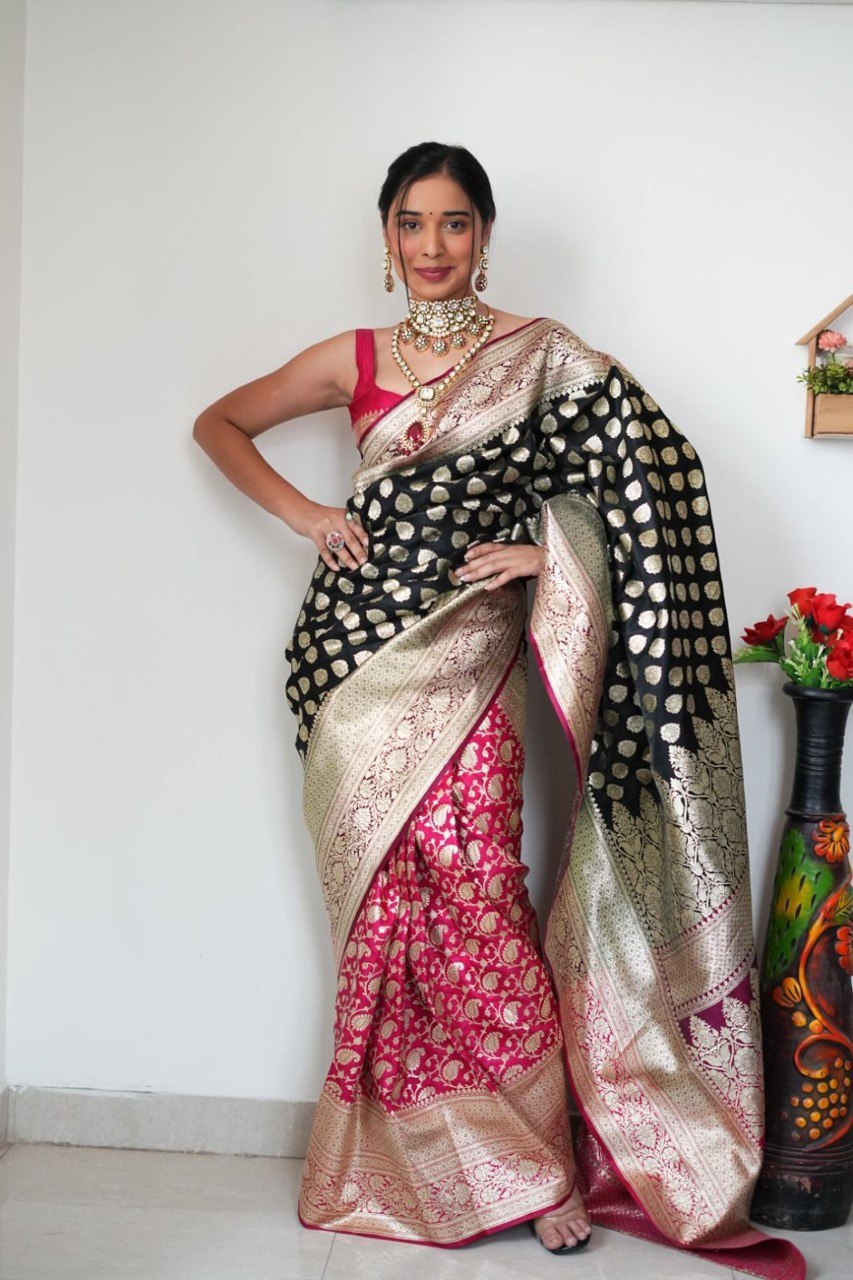 Vestigial 1-Minute Ready To Wear Black Soft Silk Saree RTW