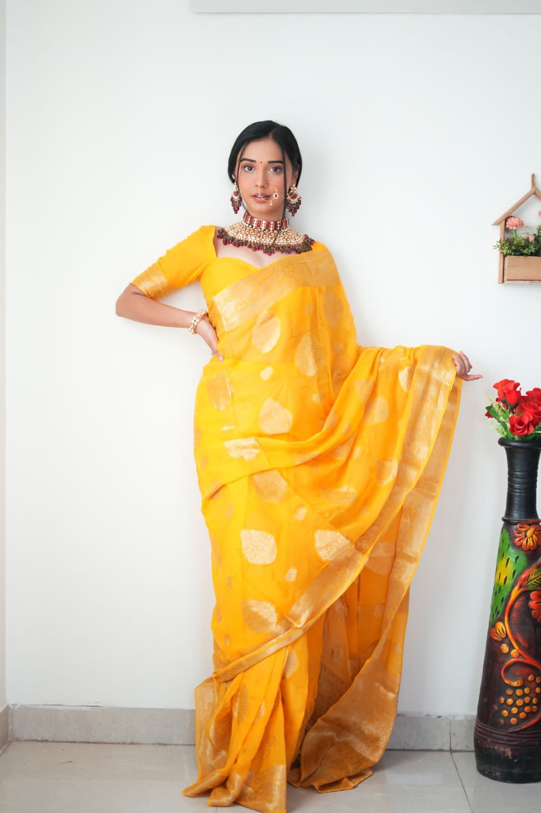 Lovely 1-Minute Ready To Wear Yellow Cotton Silk Saree Shriji