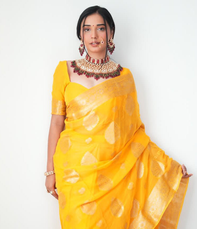 Lovely 1-Minute Ready To Wear Yellow Cotton Silk Saree Shriji