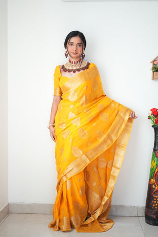 Lovely 1-Minute Ready To Wear Yellow Cotton Silk Saree Shriji