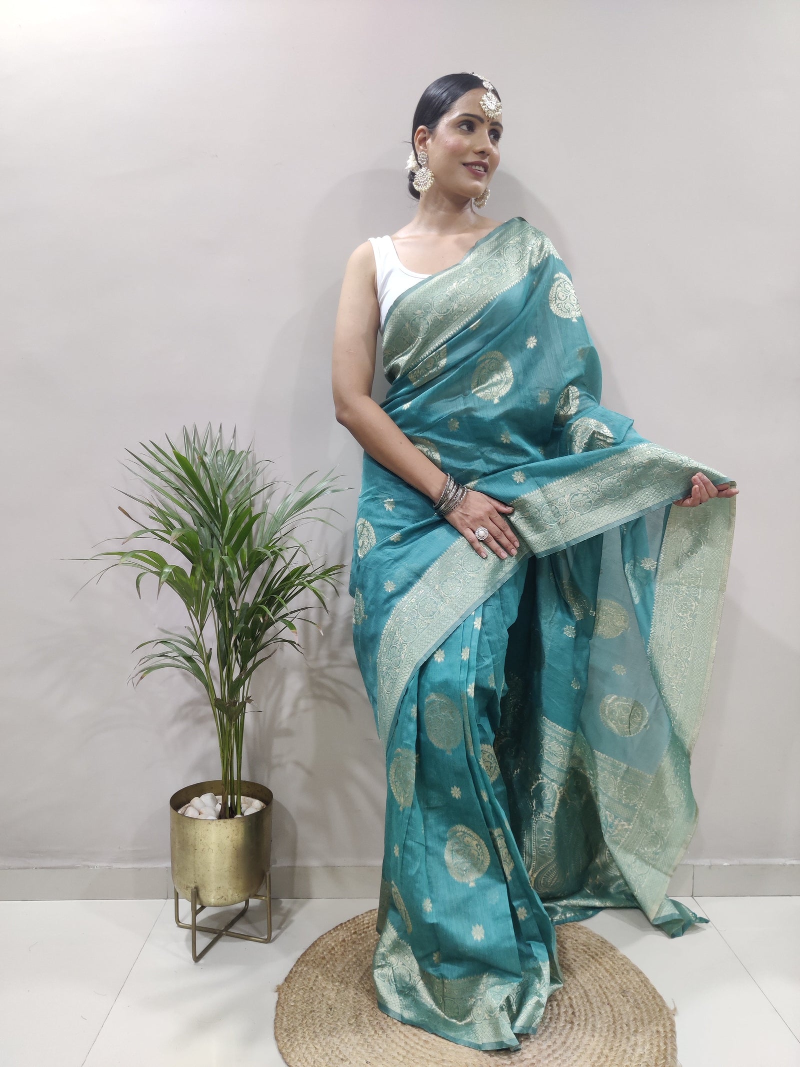 Dalliance 1-Minute Ready To Wear Sea Green Cotton Silk Saree RTW