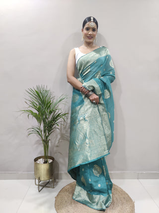 Dalliance 1-Minute Ready To Wear Sea Green Cotton Silk Saree RTW