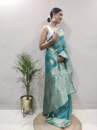 Dalliance 1-Minute Ready To Wear Sea Green Cotton Silk Saree RTW