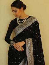 Load image into Gallery viewer, Fugacious Black Cotton Silk Saree With Sizzling Blouse Piece Shriji