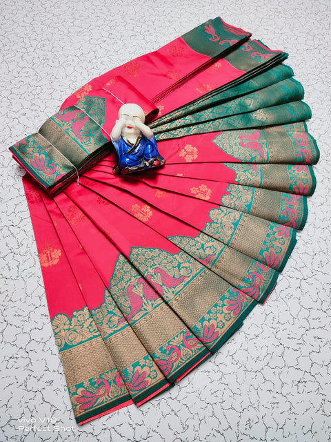 Snappy Dark Pink Soft Banarasi Silk Saree With Ephemeral Blouse Piece Shriji Main image