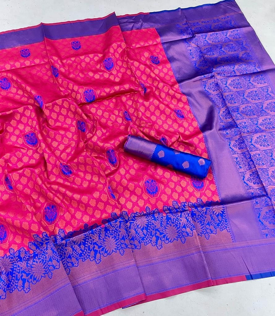 Ephemeral Dark Pink Soft Banarasi Silk Saree With Fairytale Blouse Piece Shriji