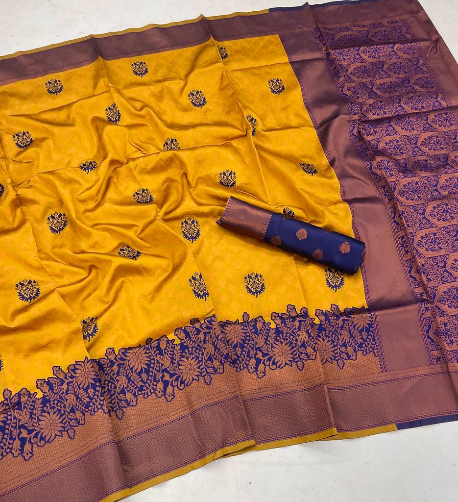 Gossamer Mustard Soft Banarasi Silk Saree With Blissful Blouse Piece Shriji