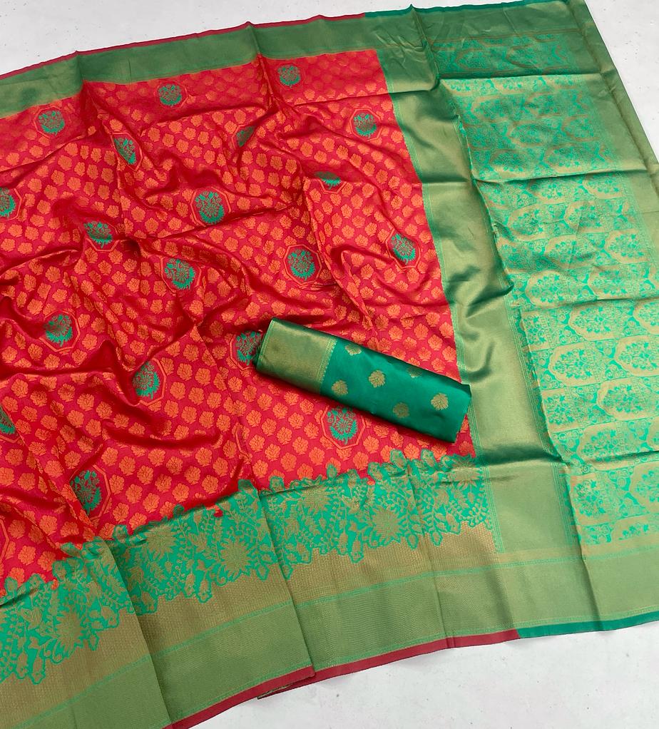 Confounding Red Soft Banarasi Silk Saree With Staring Blouse Piece Shriji