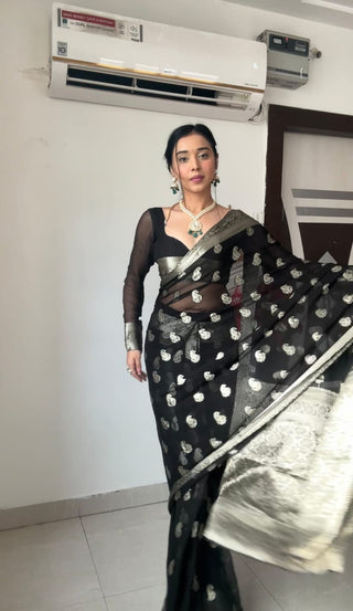 Evanescent 1-Minute Ready To Wear Black Cotton Silk Saree RTW